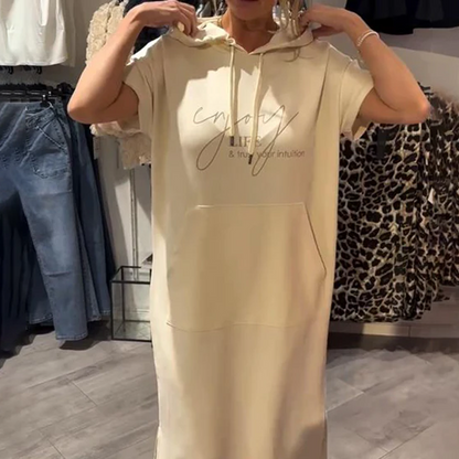 🌸49% Rabatt！🎉 Damen Kapuzenkleid mit kurzen Ärmeln – lockere, lange, einfarbige Passform – perfekt für Zuhause & unterwegs