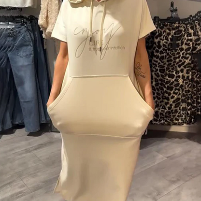 🌸49% Rabatt！🎉 Damen Kapuzenkleid mit kurzen Ärmeln – lockere, lange, einfarbige Passform – perfekt für Zuhause & unterwegs