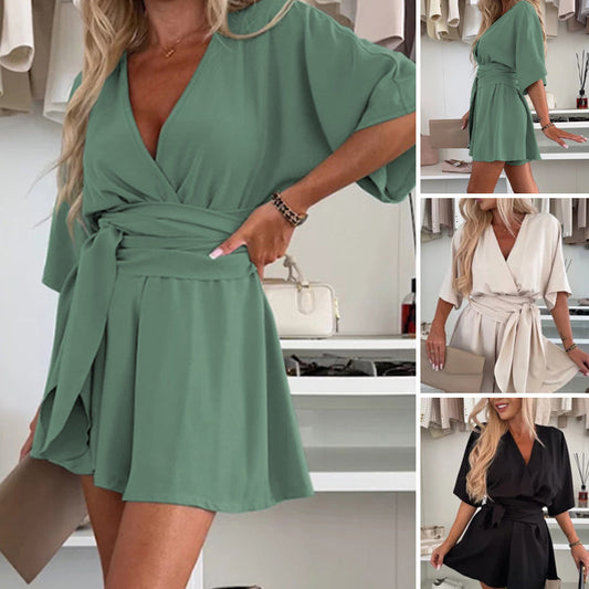 ⏰ 50% Rabatt – nur für kurze Zeit! Tiefer V-Ausschnitt, taillierte Jumpsuits | Verstellbarer Gürtel, knielange Shorts – eleganter Alltagslook 💃✨