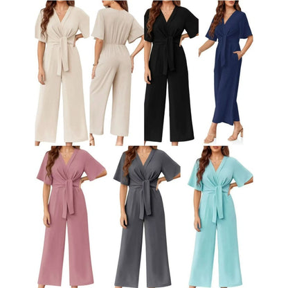 👗 LIMITIERTES ANGEBOT 50% RABATT! ✨ Eleganter V-Ausschnitt Jumpsuit – Weit, Mit Bindeband, Vielseitig 🎀
