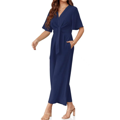 👗 LIMITIERTES ANGEBOT 50% RABATT! ✨ Eleganter V-Ausschnitt Jumpsuit – Weit, Mit Bindeband, Vielseitig 🎀