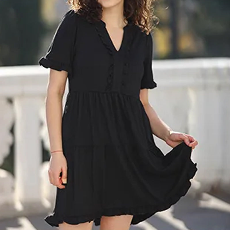 ⏳Begrenzte Zeit 50% Rabatt💥Damen-Stufenkleid mit Rüschenbesatz und V-Ausschnitt👚