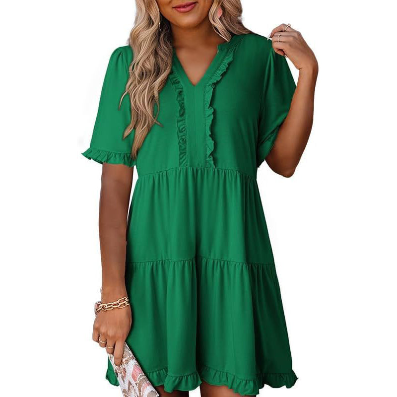 ⏳Begrenzte Zeit 50% Rabatt💥Damen-Stufenkleid mit Rüschenbesatz und V-Ausschnitt👚