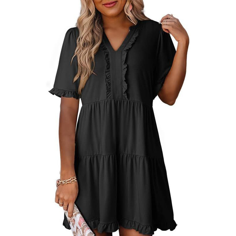 ⏳Begrenzte Zeit 50% Rabatt💥Damen-Stufenkleid mit Rüschenbesatz und V-Ausschnitt👚