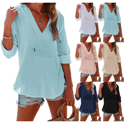 ⏰Zeitlich begrenzter Verkauf 50% RABATT🏖️Übergroßes Strandkleid mit Kapuze für Damen – Langärmliges Hemd mit V-Ausschnitt und Tasche
