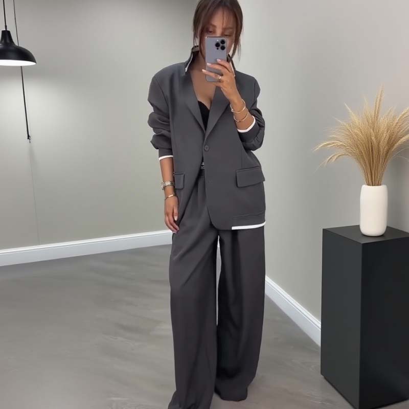 Damen-Zweiteiler: Blazer mit langen Ärmeln & Hose mit weitem Bein