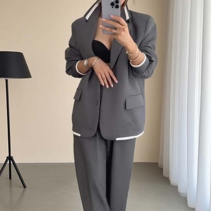 Damen-Zweiteiler: Blazer mit langen Ärmeln & Hose mit weitem Bein