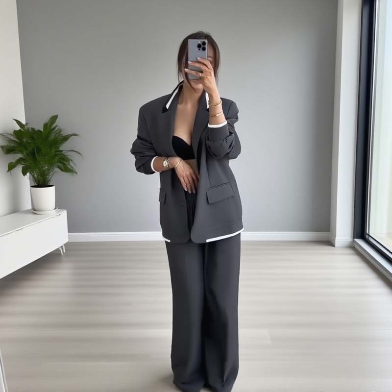 Damen-Zweiteiler: Blazer mit langen Ärmeln & Hose mit weitem Bein