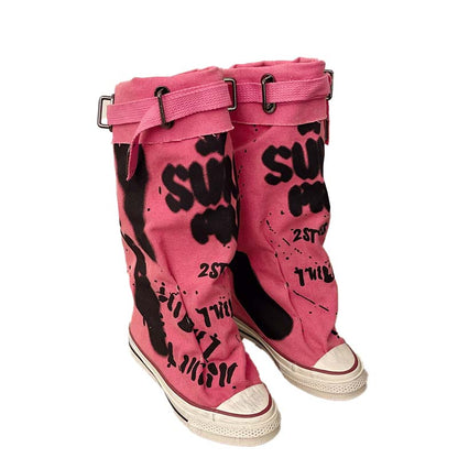 Flache Retro-Stiefel aus Canvas mit mittlerem Schaft für Damen