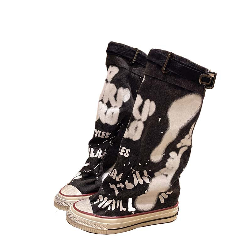 Flache Retro-Stiefel aus Canvas mit mittlerem Schaft für Damen
