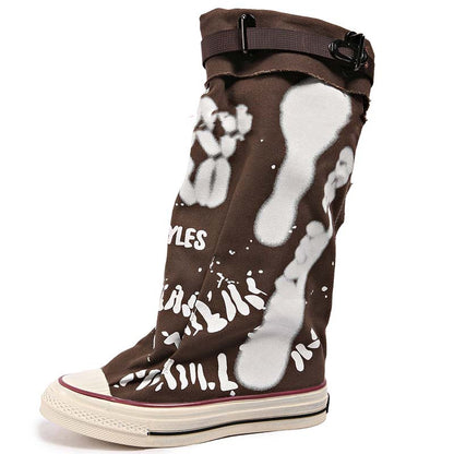 Flache Retro-Stiefel aus Canvas mit mittlerem Schaft für Damen