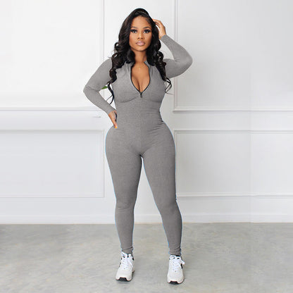 🔥🩱Einfarbiger nahtloser Jumpsuit mit halbem Reißverschluss