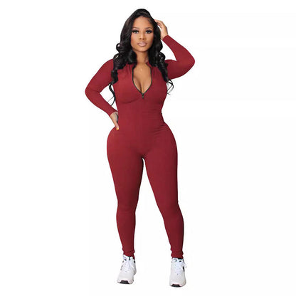 🔥🩱Einfarbiger nahtloser Jumpsuit mit halbem Reißverschluss
