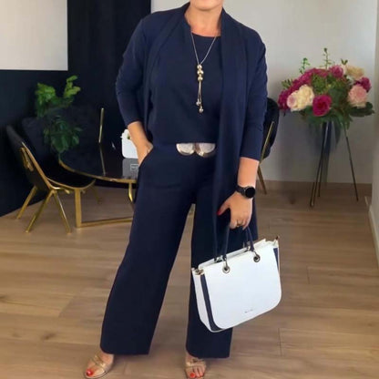 ⏳Zeitlich begrenztes Sonderangebot⏰ Elegantes 3-teiliges Set bestehend aus langem Cardigan, Oberteil und Hose💞