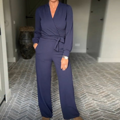 👗✨Elegante V-Ausschnitt-Hosenanzug mit weiten Beinen für Damen