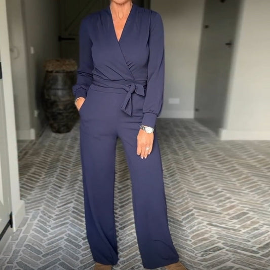 👗✨Elegante V-Ausschnitt-Hosenanzug mit weiten Beinen für Damen