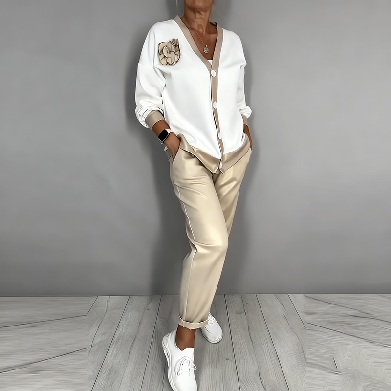 🎁 Muttertag – 50 % OFF – 2-teiliges Set aus lässigem Damen-Oberteil mit V-Ausschnitt und Hose mit hoher Taille