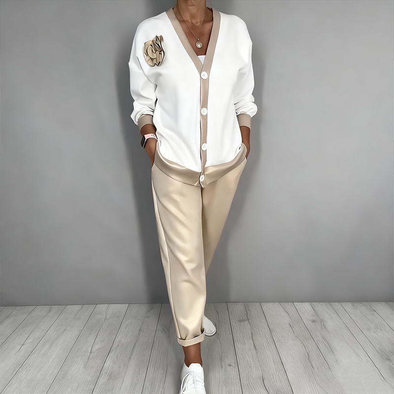🎁 Muttertag – 50 % OFF – 2-teiliges Set aus lässigem Damen-Oberteil mit V-Ausschnitt und Hose mit hoher Taille
