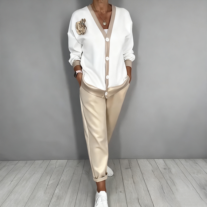 🎁 Muttertag – 50 % OFF – 2-teiliges Set aus lässigem Damen-Oberteil mit V-Ausschnitt und Hose mit hoher Taille