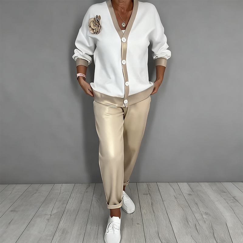 🎁 Muttertag – 50 % OFF – 2-teiliges Set aus lässigem Damen-Oberteil mit V-Ausschnitt und Hose mit hoher Taille