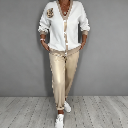 🎁 Muttertag – 50 % OFF – 2-teiliges Set aus lässigem Damen-Oberteil mit V-Ausschnitt und Hose mit hoher Taille