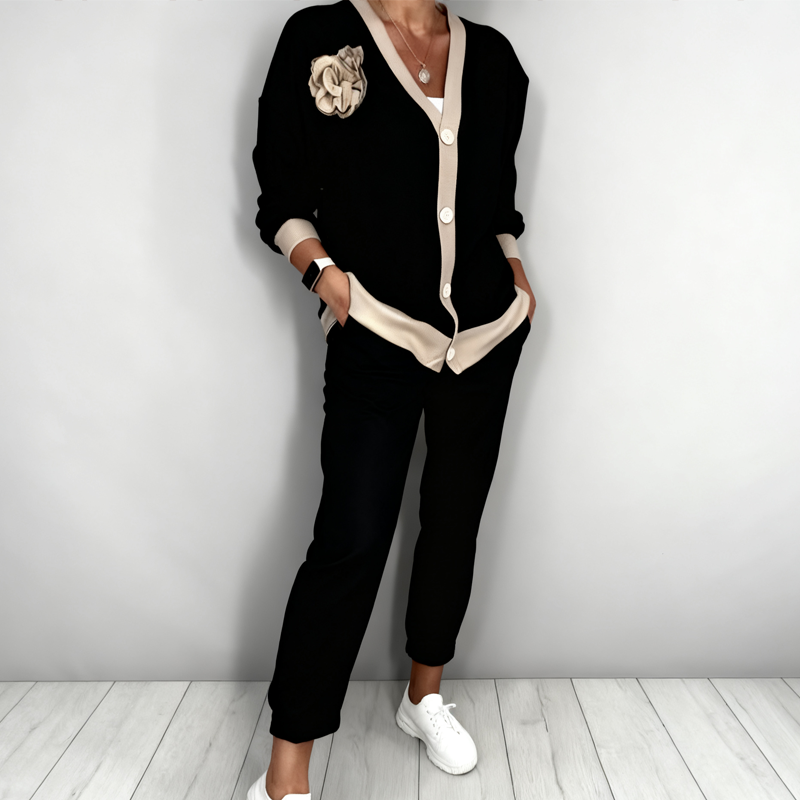 🎁 Muttertag – 50 % OFF – 2-teiliges Set aus lässigem Damen-Oberteil mit V-Ausschnitt und Hose mit hoher Taille