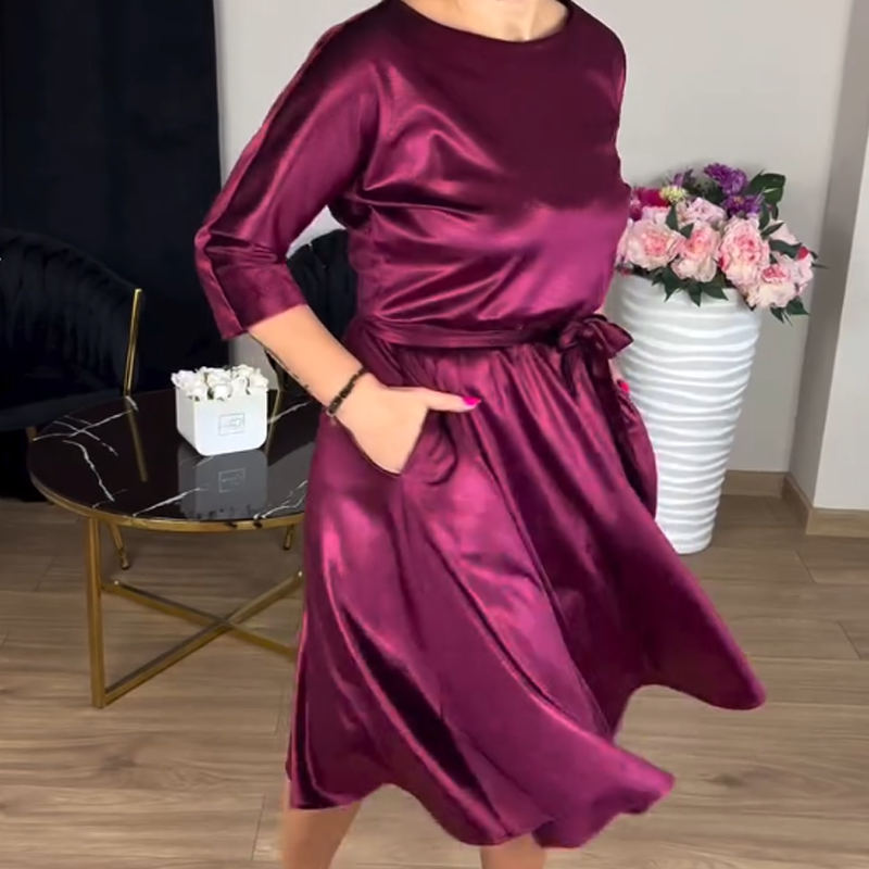 Damen-Midikleid aus Satin mit 3/4-Ärmeln und Rundhalsausschnitt