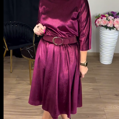 Damen-Midikleid aus Satin mit 3/4-Ärmeln und Rundhalsausschnitt
