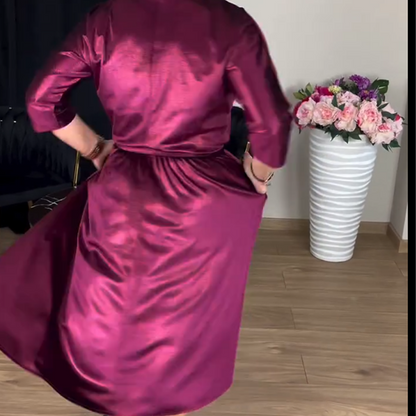 Damen-Midikleid aus Satin mit 3/4-Ärmeln und Rundhalsausschnitt