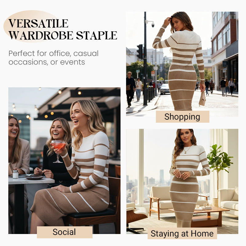Langärmliges, gestreiftes, figurbetontes Strickkleid für Damen