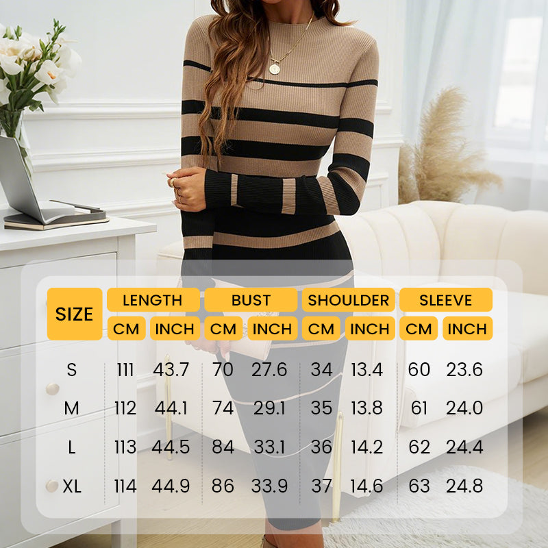 Langärmliges, gestreiftes, figurbetontes Strickkleid für Damen
