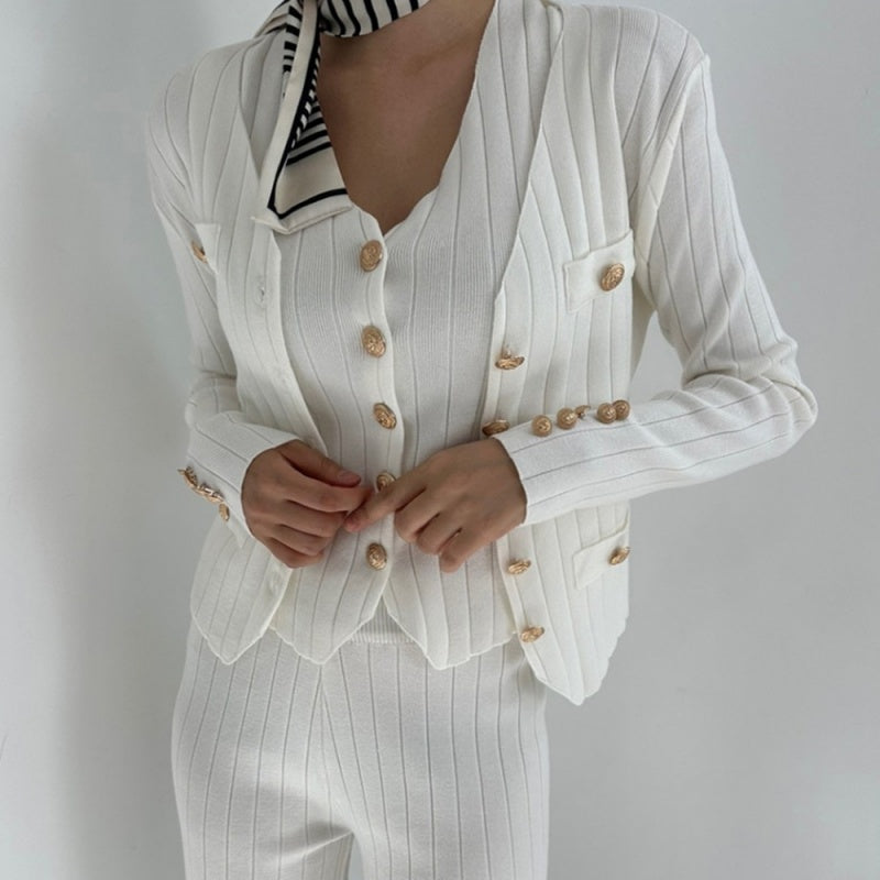 🔥 54 % RABATT | Dreiteiliges Damen-Set: Cardigan mit V-Ausschnitt, Top und Hose 👗✨