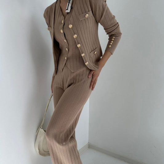 🔥 54 % RABATT | Dreiteiliges Damen-Set: Cardigan mit V-Ausschnitt, Top und Hose 👗✨