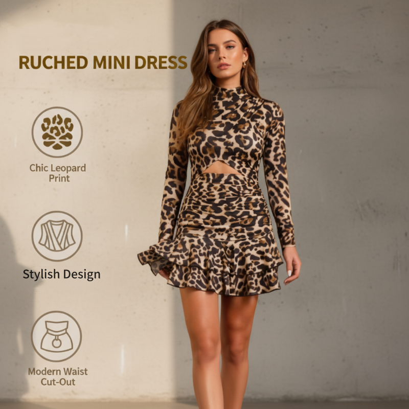 💖💖2026 neuestes Modell, 51 % Rabatt für begrenzte Zeit🔥🔥Minikleid mit Leopardenmuster und Raffungen für Damen