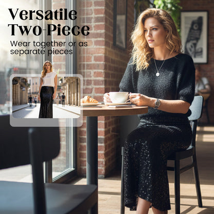 💥 Preissturz für kurze Zeit!👗Damen zweiteiliges Set: Strickoberteil und Paillettenrock