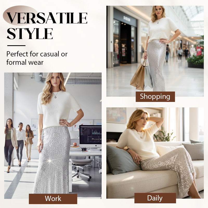 💥 Preissturz für kurze Zeit!👗Damen zweiteiliges Set: Strickoberteil und Paillettenrock