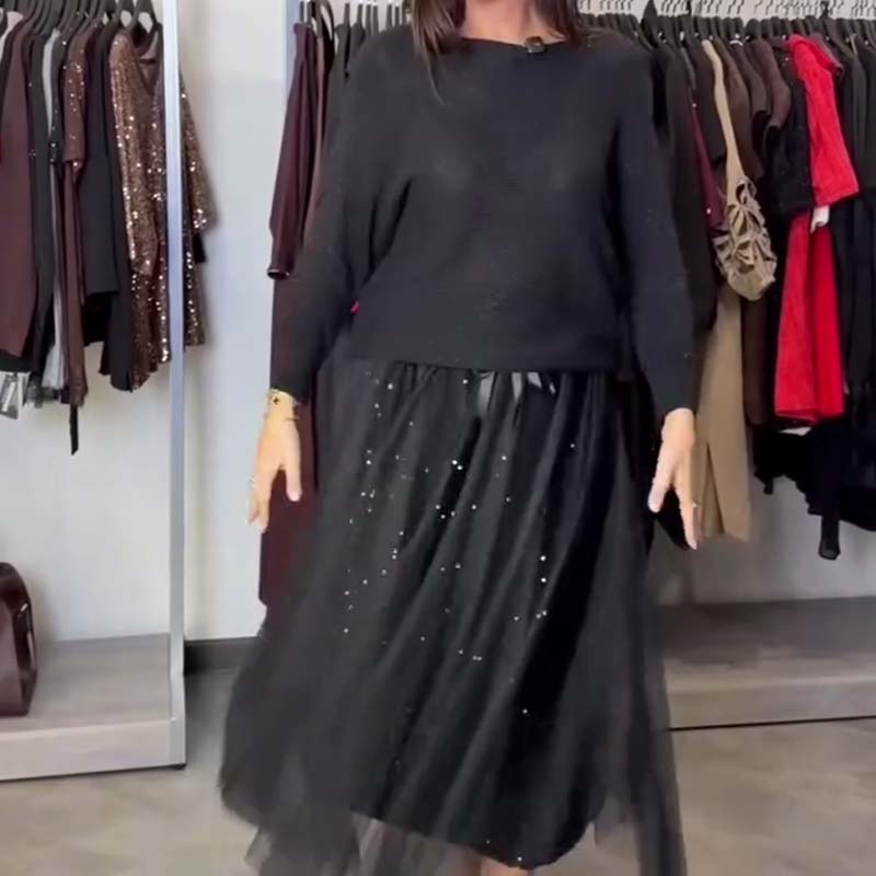 Damenmode Strickoberteil & Mesh-Kleid 2-teiliges Set