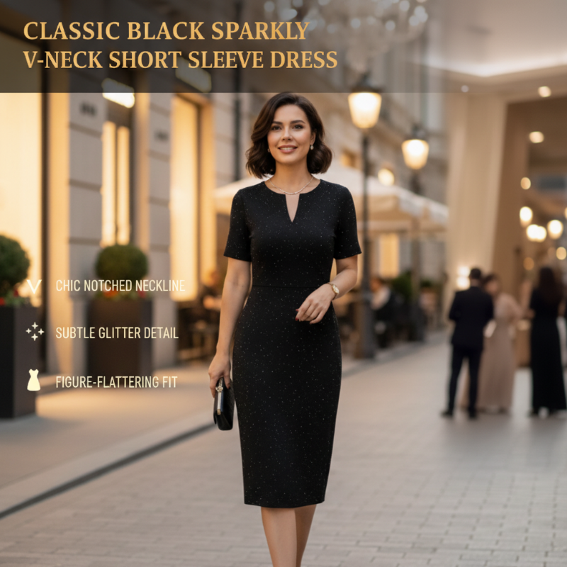 Klassisches schwarzes, glitzerndes Kurzarmkleid mit V-Ausschnitt