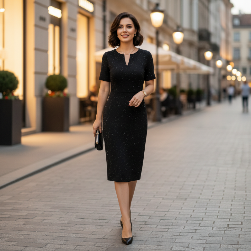 Klassisches schwarzes, glitzerndes Kurzarmkleid mit V-Ausschnitt