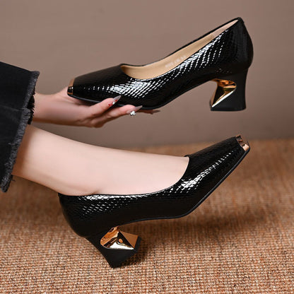 🔥 50% Rabatt auf Bestseller!｜Damen-Schlangenhaut-Blockabsatzschuhe – Drückt nicht, ermüdet nicht – Die erste Wahl für stilvolle Büro-Looks