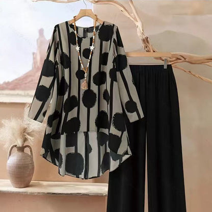 ⏰ 50 % Rabatt! 2026er Neuheit – Zweiteiliges Set mit asymmetrischem Saum & Vintage-Print. Vorne kurz, hinten lang – locker, elegant, vielseitig kombinierbar 💫👗