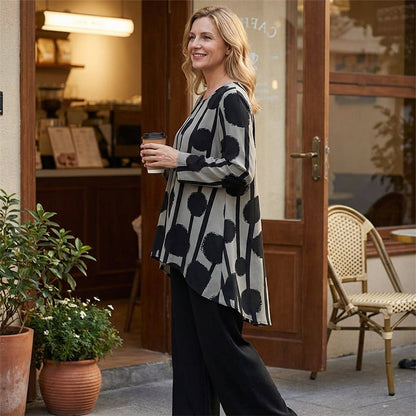 ⏰ 50 % Rabatt! 2026er Neuheit – Zweiteiliges Set mit asymmetrischem Saum & Vintage-Print. Vorne kurz, hinten lang – locker, elegant, vielseitig kombinierbar 💫👗