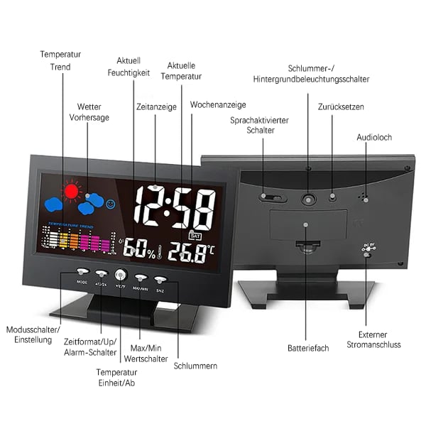 50% Rabatt🔥Digitaler LED-Temperatur- und Luftfeuchtigkeitsmonitor, Wettervorhersage, LED-Tischwecker
