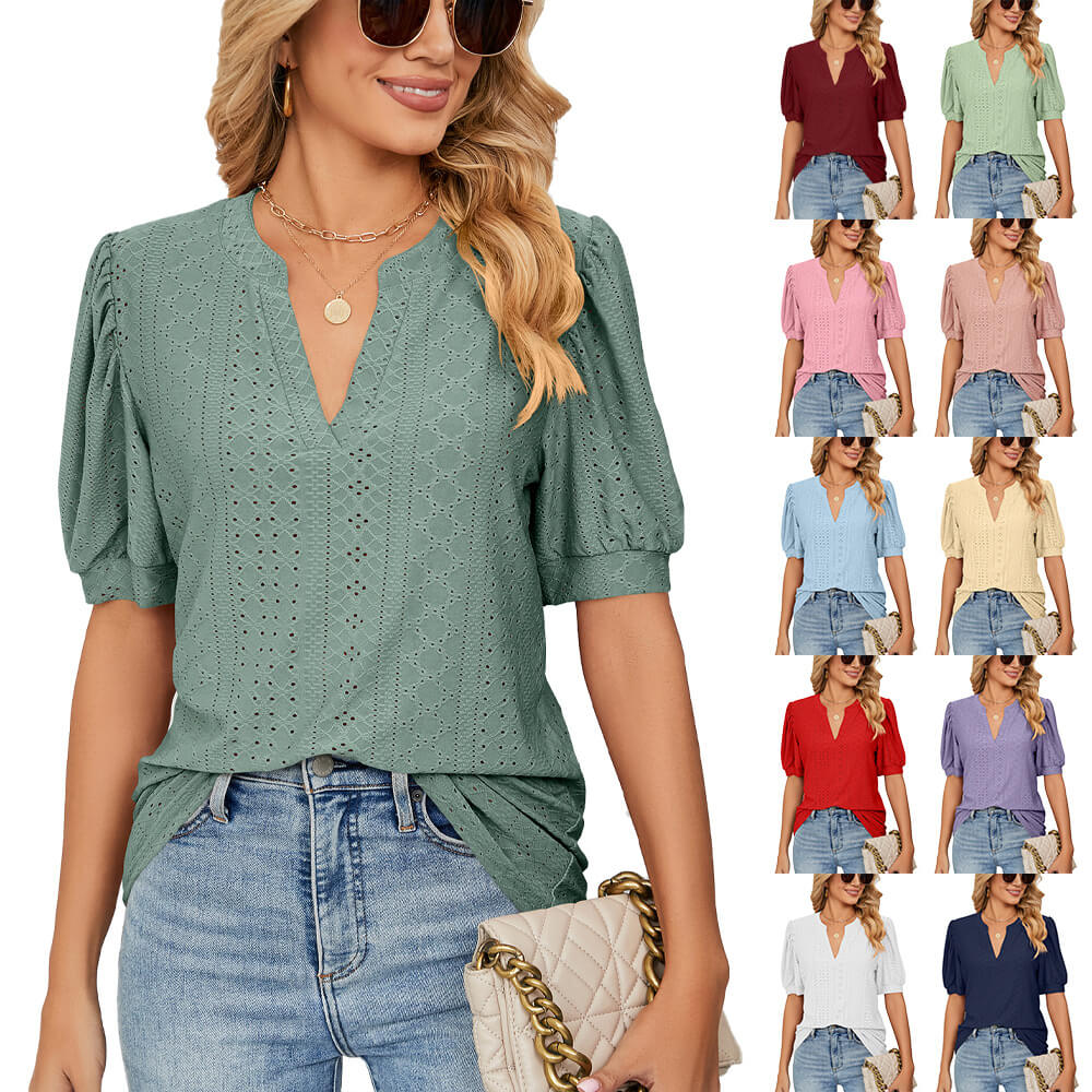📢📢50% Rabatt! Damen Freizeit-Oberteil mit Hohldesign – Puffärmel + hautfreundlich & atmungsaktiv | Mehrere Farben verfügbar 💃👕