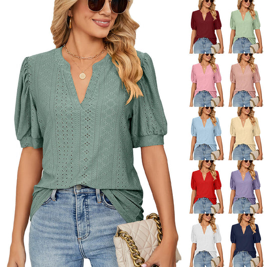 📢📢50% Rabatt! Damen Freizeit-Oberteil mit Hohldesign – Puffärmel + hautfreundlich & atmungsaktiv | Mehrere Farben verfügbar 💃👕