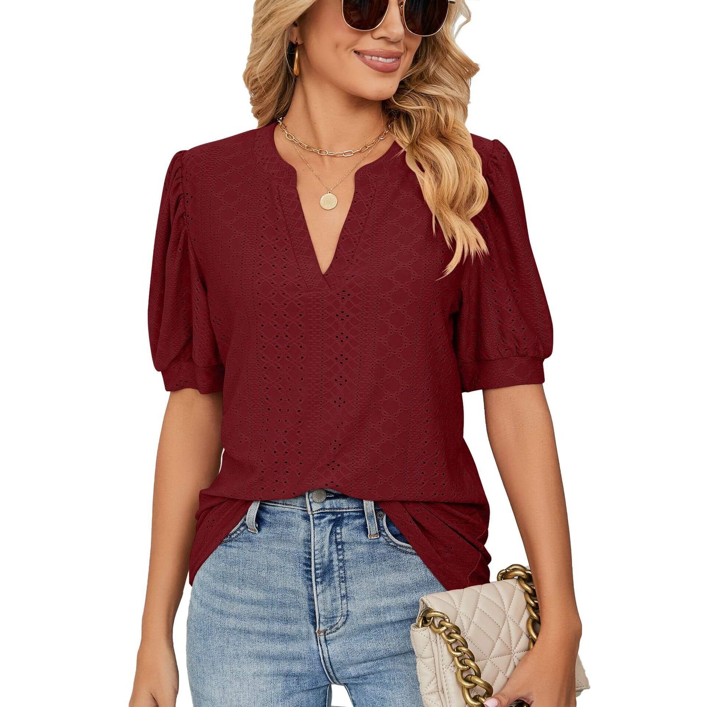 📢📢50% Rabatt! Damen Freizeit-Oberteil mit Hohldesign – Puffärmel + hautfreundlich & atmungsaktiv | Mehrere Farben verfügbar 💃👕
