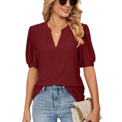 📢📢50% Rabatt! Damen Freizeit-Oberteil mit Hohldesign – Puffärmel + hautfreundlich & atmungsaktiv | Mehrere Farben verfügbar 💃👕
