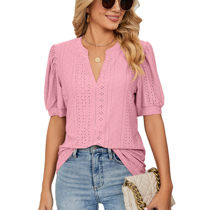 📢📢50% Rabatt! Damen Freizeit-Oberteil mit Hohldesign – Puffärmel + hautfreundlich & atmungsaktiv | Mehrere Farben verfügbar 💃👕