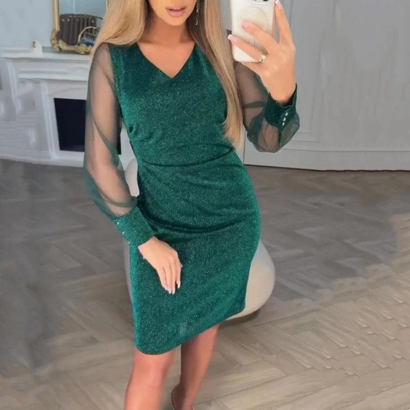 ⏰ 55% Rabatt – limited time! Damen Pailletten-Enganliegendes Kleid – Eleganter V-Ausschnitt | Tüllärmel | Must-have für jeden Anlass ✨