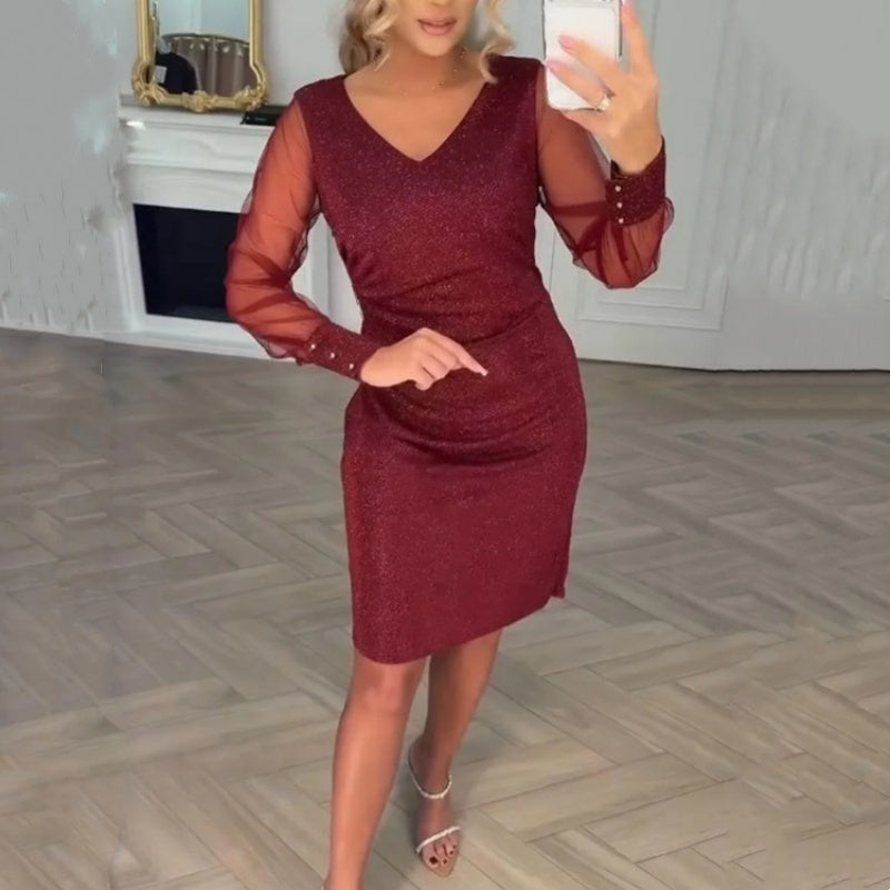 ⏰ 55% Rabatt – limited time! Damen Pailletten-Enganliegendes Kleid – Eleganter V-Ausschnitt | Tüllärmel | Must-have für jeden Anlass ✨